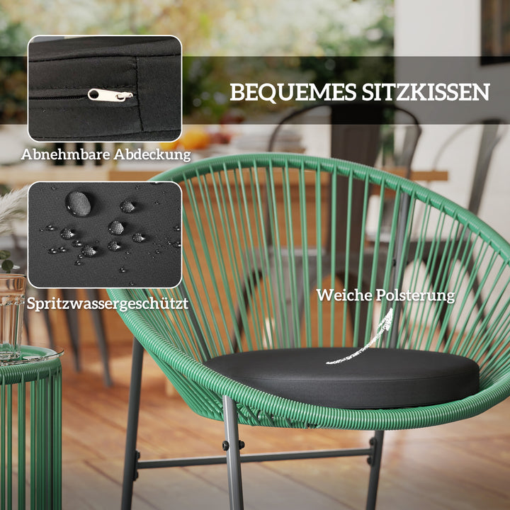 3-Delt havemøbelsæt, 1 bord, 2 stole, glasbordplade, plastikrattan omkring stålramme, bløde hynder, grøn