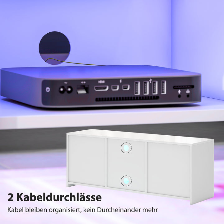 TV-skab med LED-belysning, 2 skabslåger, glashylde, kabelhuller, til stue, spånplade, hvid
