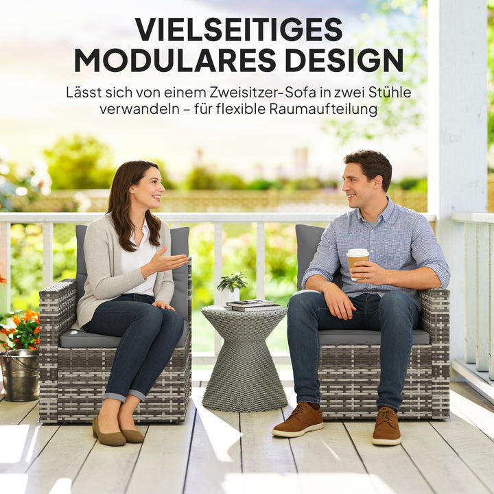 2-personers rattansofa med hynder, foldbare sidebakker, loungesofa, siddegruppe, lysegrå