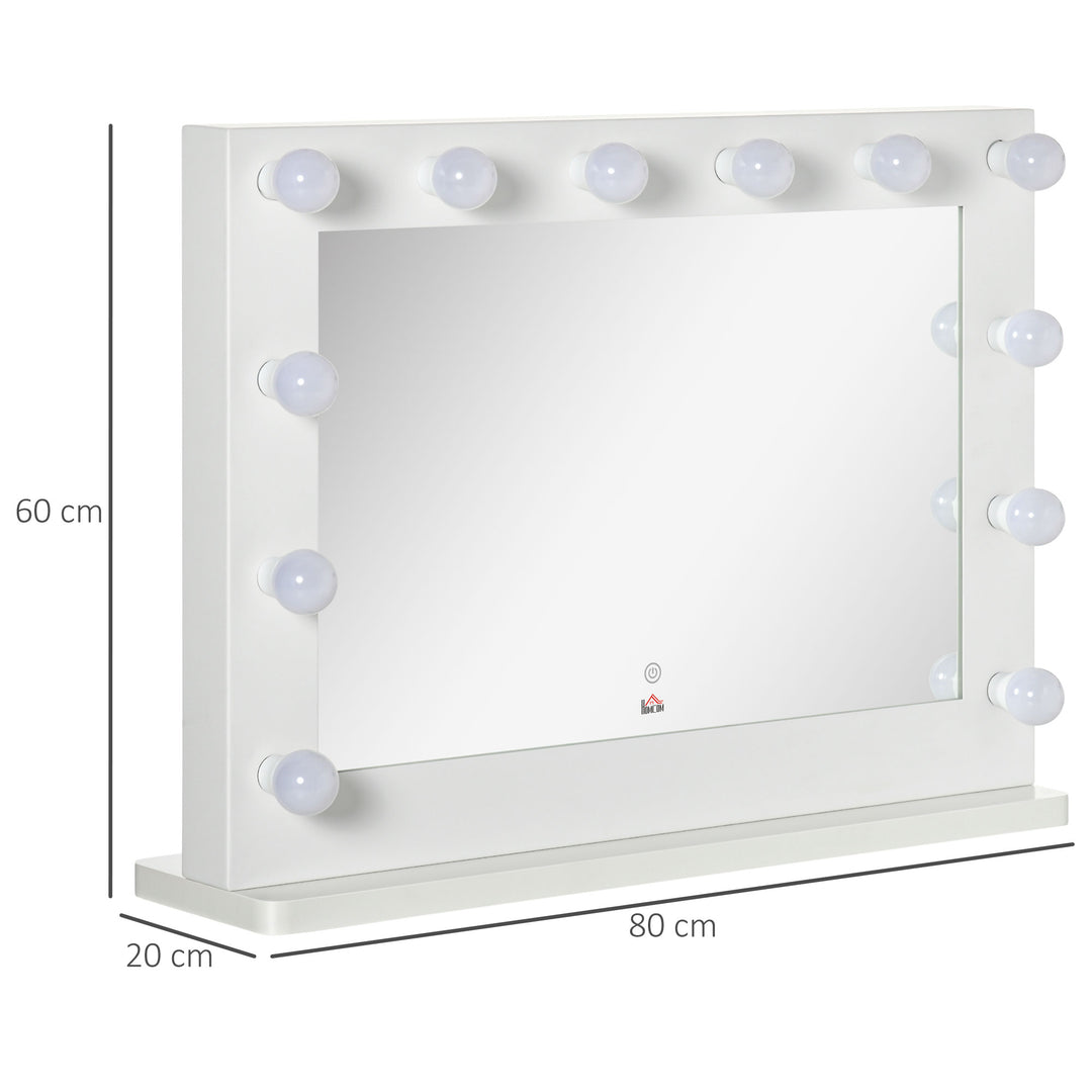Hollywood-spejl med belysning, touch-betjening, hukommelsesfunktion, 12 dæmpbare LED-lamper, hvid, 80 x 60 cm