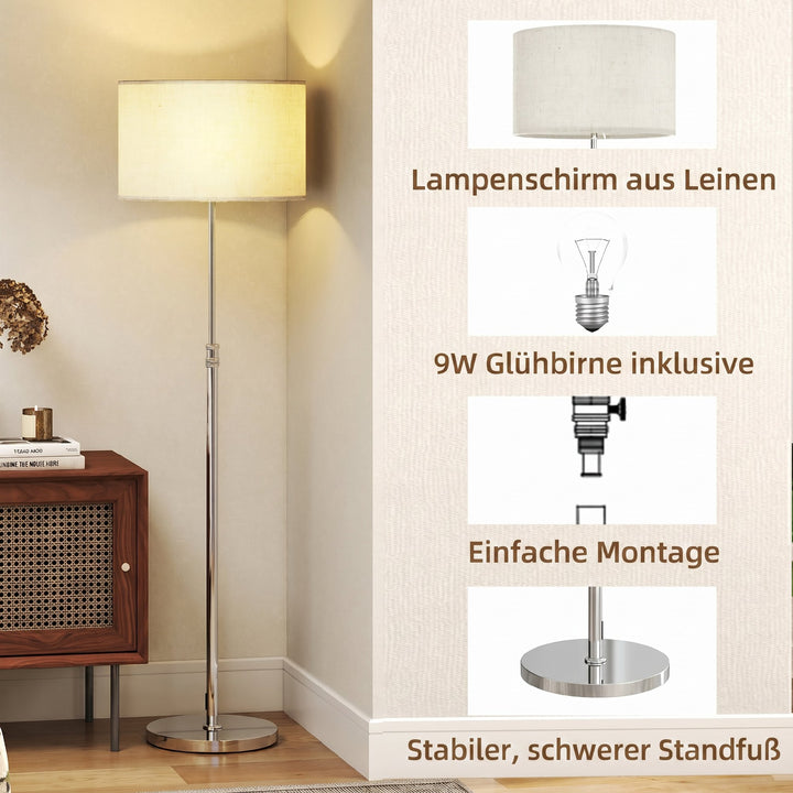 Dæmpbar gulvlampe med linnedskærm, E27, højdejusterbar, beige