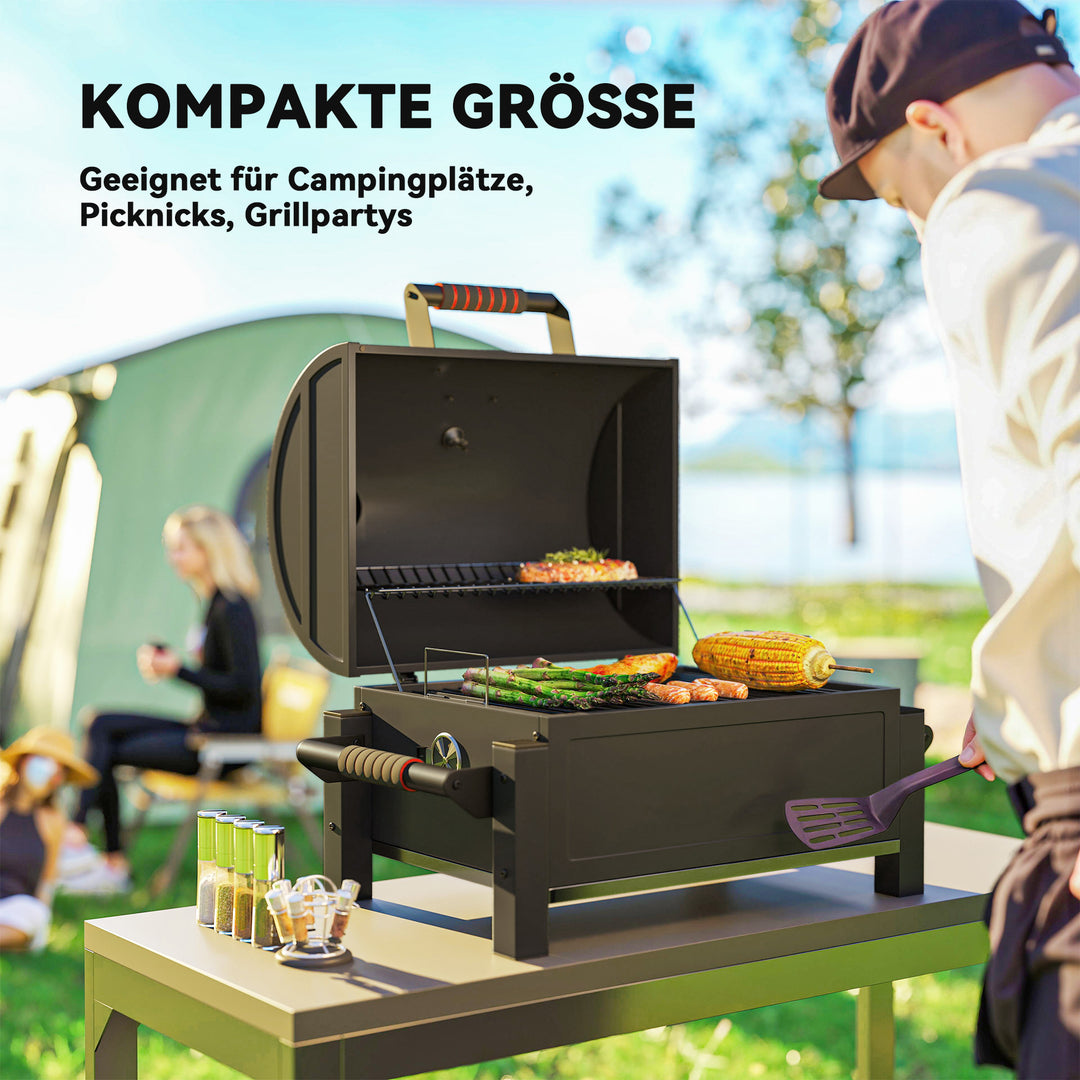 Kulgrill med låg, varmehylde, askeskuffe, termometer, rustfrit stål, 67 x 53 x 55 cm, sort/rød