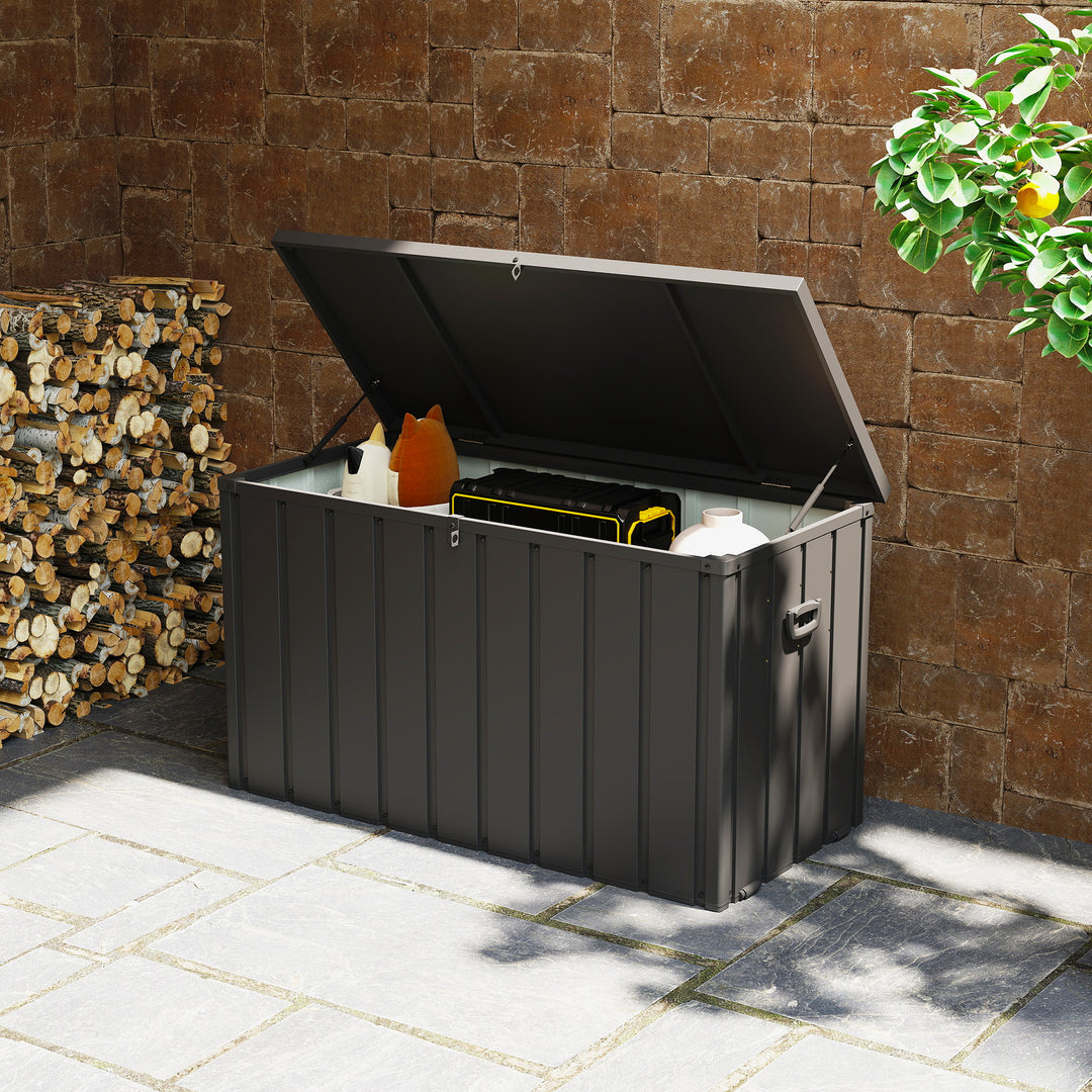 Opbevaringskasse, havekasse, 450L opbevaringsplads, 2 hjul, stålramme, 125x61x70 cm, mørkegrå