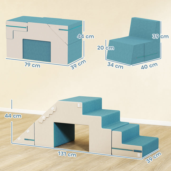 2-delt blødt legesæt til småbørn, kunstlæder, skum, til klatring, bygning, leg, beige+blå