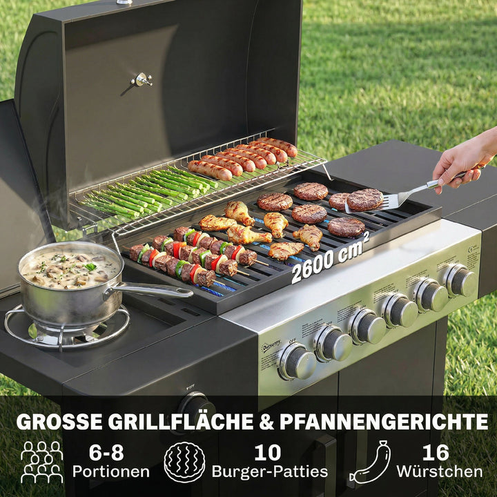 Gasgrill 17,8 kW 6+1 brænder BBQ grillvogn lavet af rustfrit stål inklusive hjul, sidebrænder, termometer, emaljeret grillrist