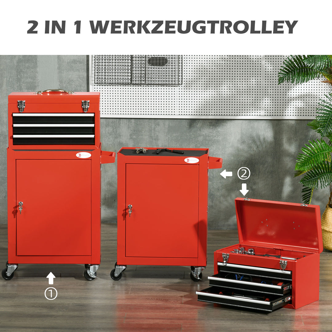 2-I-1 mobil værktøjsvogn med 3 skuffer og værktøjstavle, stålkabinet, 46l x 28b x 94h cm, rød