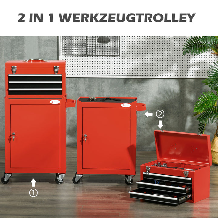 2-I-1 mobil værktøjsvogn med 3 skuffer og værktøjstavle, stålkabinet, 46l x 28b x 94h cm, rød