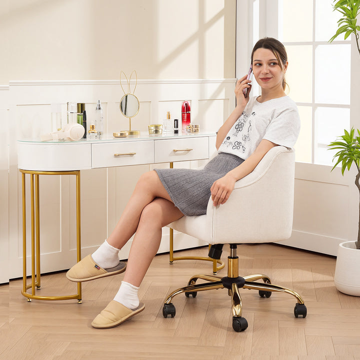 Polstret kontorstol, skrivebordsstol i hørlook, guldben, højdejusterbar, beige