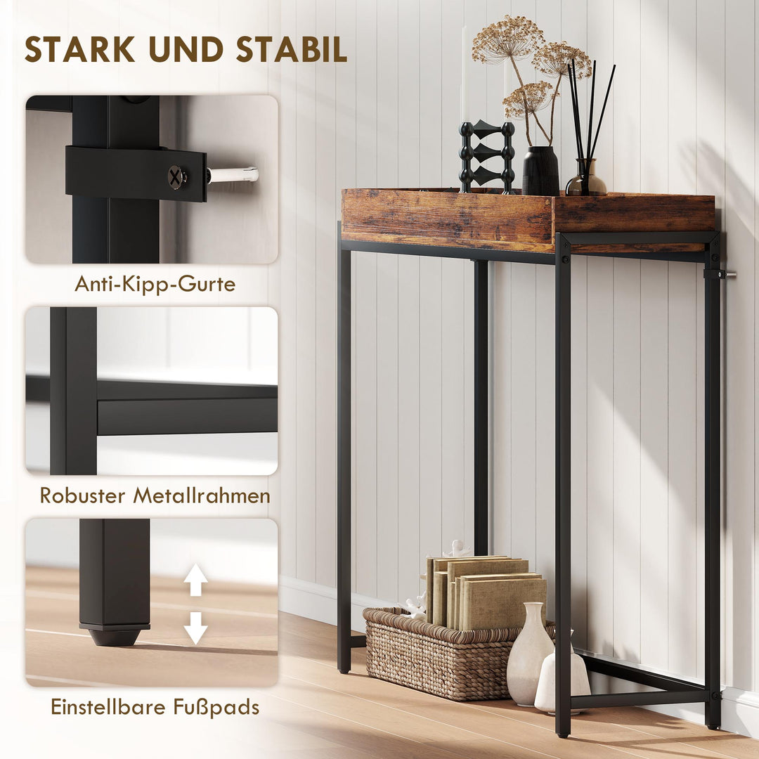 Entrebord, smalt konsolbord, metal, spånplade, rustik brun