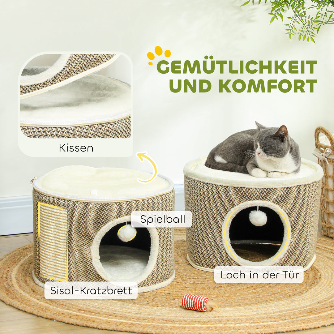 Kattehule, 3 niveauer, kattehus, plys, pude, sisal kradsebræt, 40 x 56h cm, kaffe/cremehvid