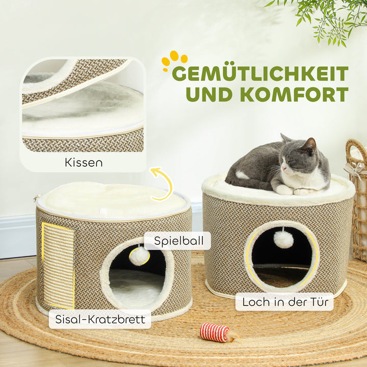 Kattehule, 3 niveauer, kattehus, plys, pude, sisal kradsebræt, 40 x 56h cm, kaffe/cremehvid