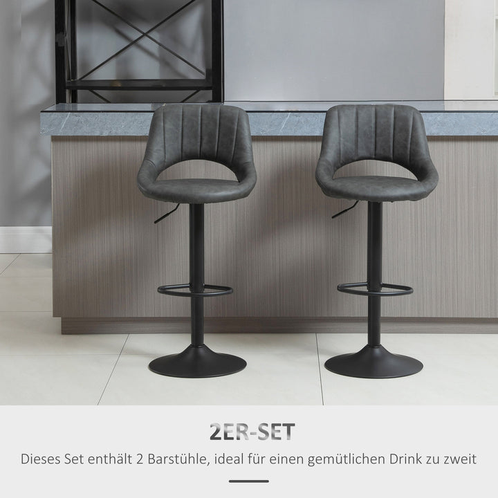 Barstolsæt med 2, læderlook, drejelig, højdejusterbar, fodstøtte, metalstel, 44 x 49 x 90-110 cm, grå