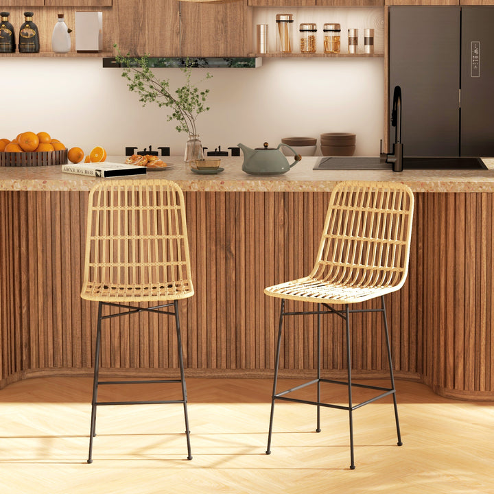 Barstol, boho-stil, pe-rattan, 45 x 53,5 x 105 cm, natur + sort