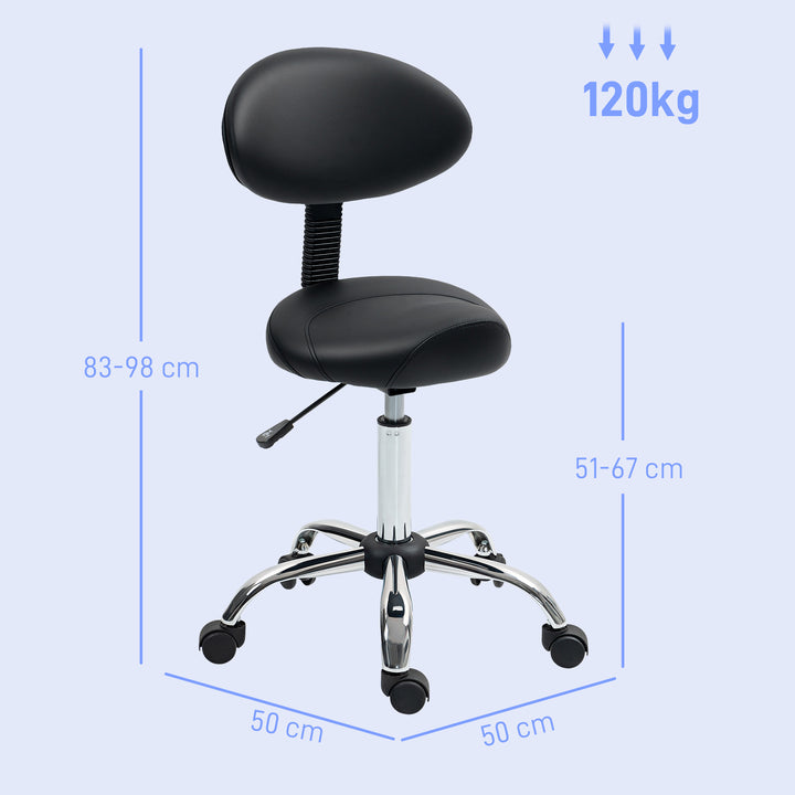 Højdejusterbar rulleskammel med ryglæn, drejeskammel 83-98 cm, 360° drejelig arbejdsskammel til kontor, salon