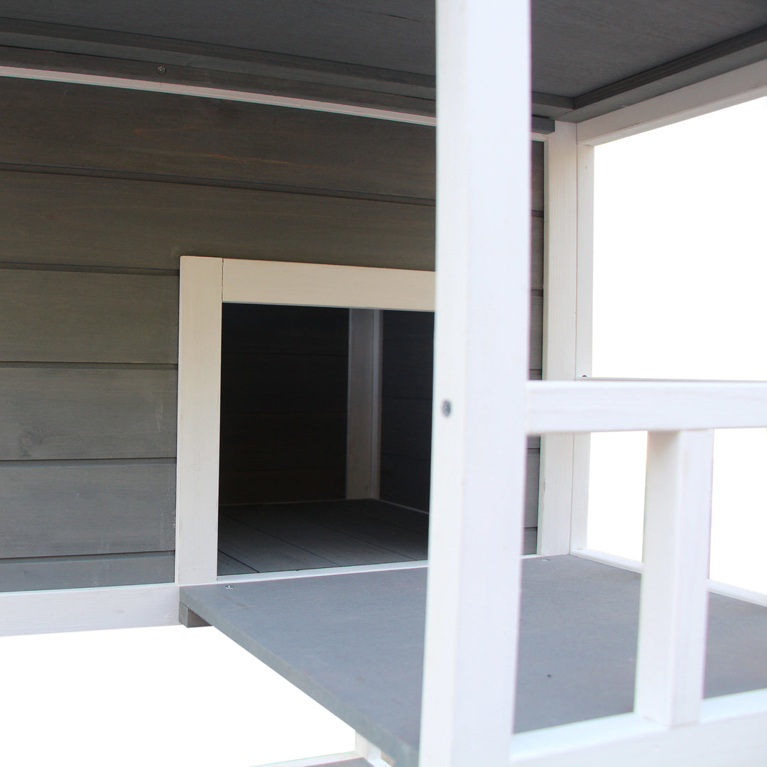 Kattehus, grantræ, udendørs kattehus med terrasse, kattehule, 4 etager, kattevilla med trapper, asfalttag, vintersikkert, smådyrshus, grå, 75,5 x 75 x 137 cm