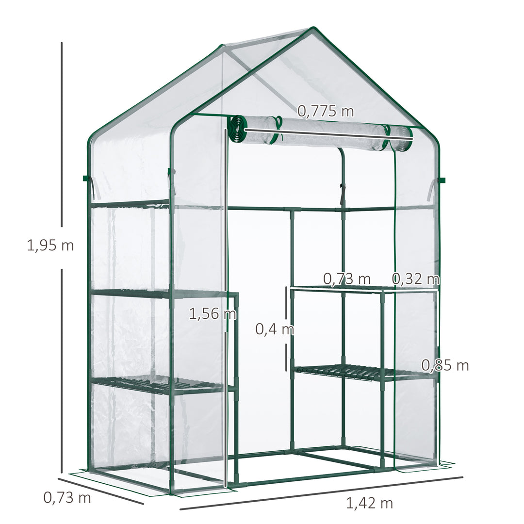 Drivhus til walk-in/tomatdrivhus/drivhus/kold ramme med 6 hylder, transparent, stål/PVC-plast, 142 x 73 x 195 cm
