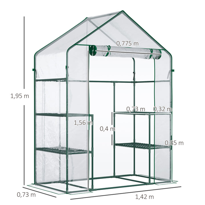Drivhus til walk-in/tomatdrivhus/drivhus/kold ramme med 6 hylder, transparent, stål/PVC-plast, 142 x 73 x 195 cm