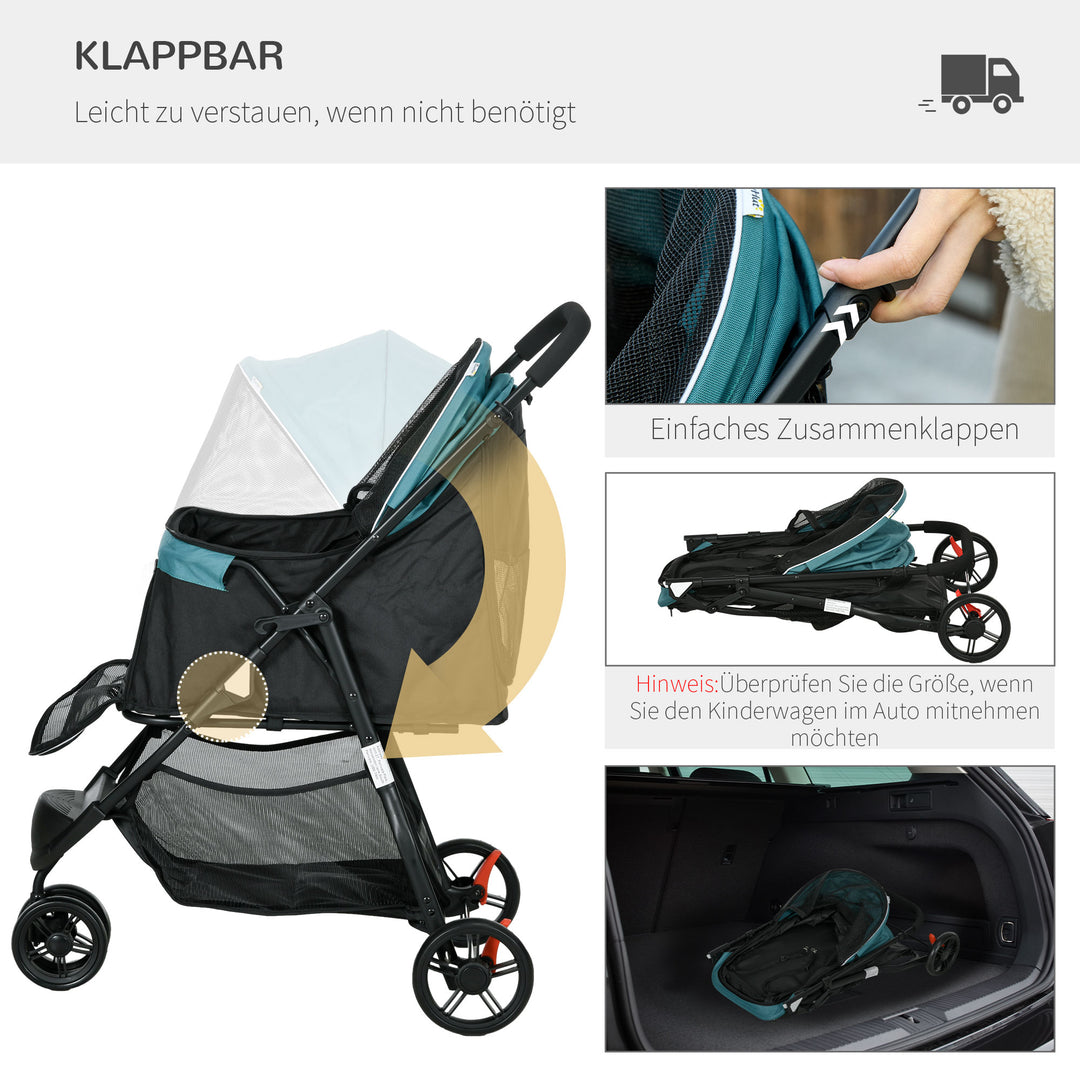 Kæledyrsklapvogn, hundeklapvogn op til 10 kg, foldbar, sikkerhedsline, håndtag, regnslag, opbevaringskurv, blå + sort
