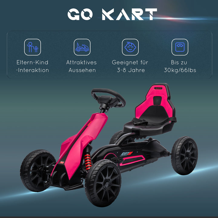 Gokart, børnekøretøj med justerbart sæde, pedalbil, pedalbil med håndbremse, 3-8 år, udendørs, lyserød
