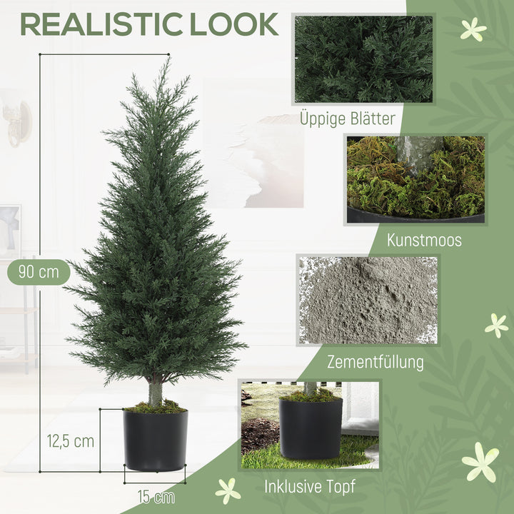 Sæt med 2 kunstige cypresser, 362 plastikblade, potte, UV-bestandig, grøn