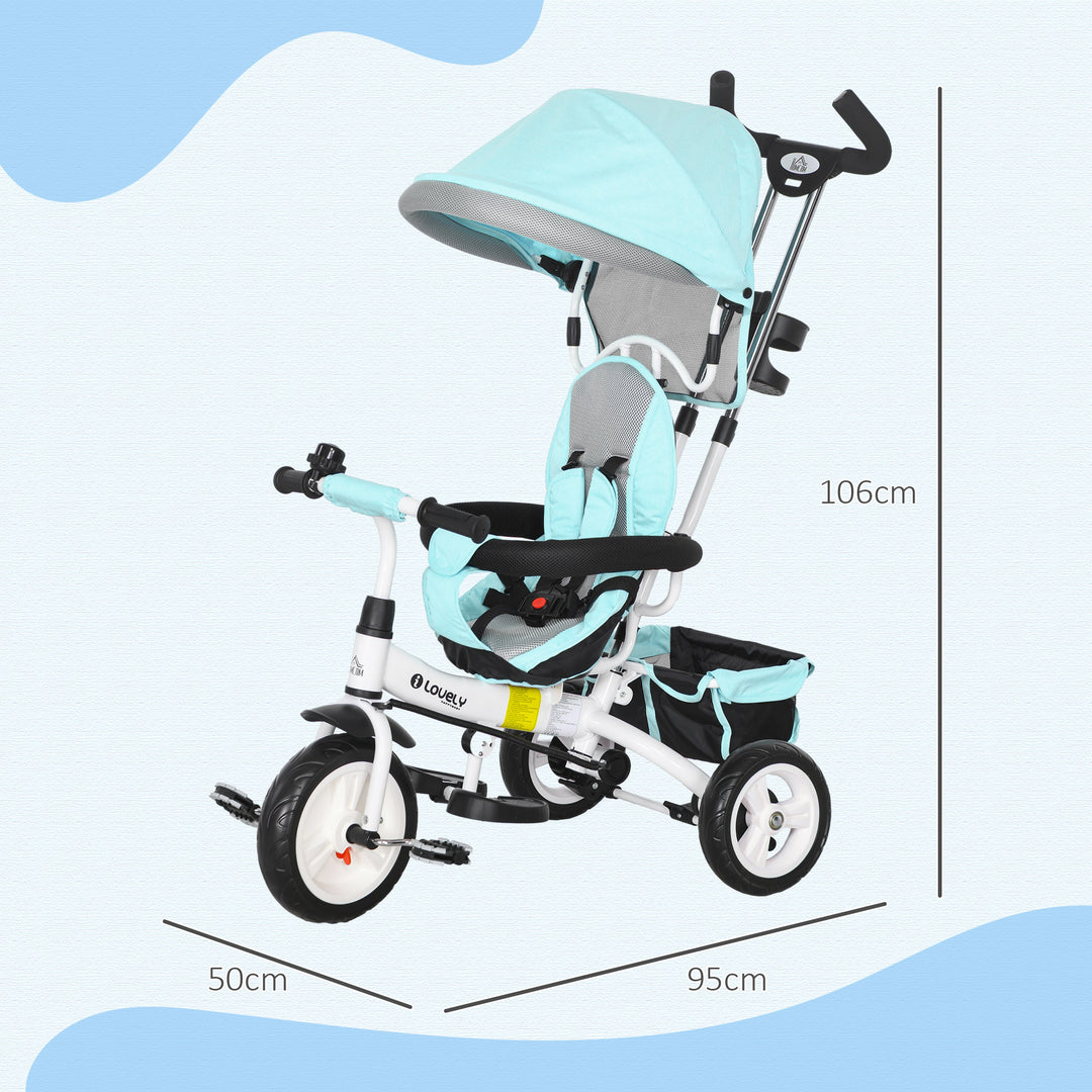 6-I-1 børnetrecykel med skubbehåndtag, kaleche, bælte, opbevaringskurv, til 1-5 år, grøn