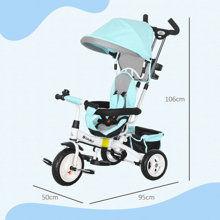 6-I-1 børnetrecykel med skubbehåndtag, kaleche, bælte, opbevaringskurv, til 1-5 år, grøn