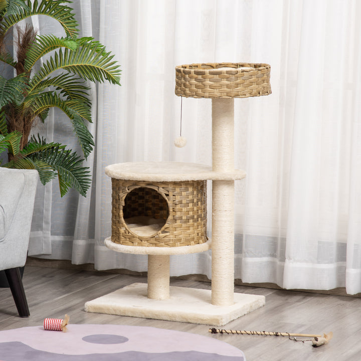 Kradsetræ rattan 95 cm højde 3-lags kradsetræ med platform, katteseng, klatretræ med kattehule sisalstolper legebolde kattemøbler sisal naturlig+beige