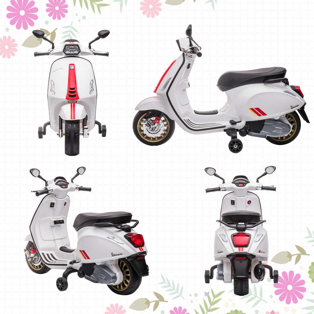 Elektrisk børnemotorcykel, vespa, 3 km/t, 3-6 år, musik, lys og radio, hvid