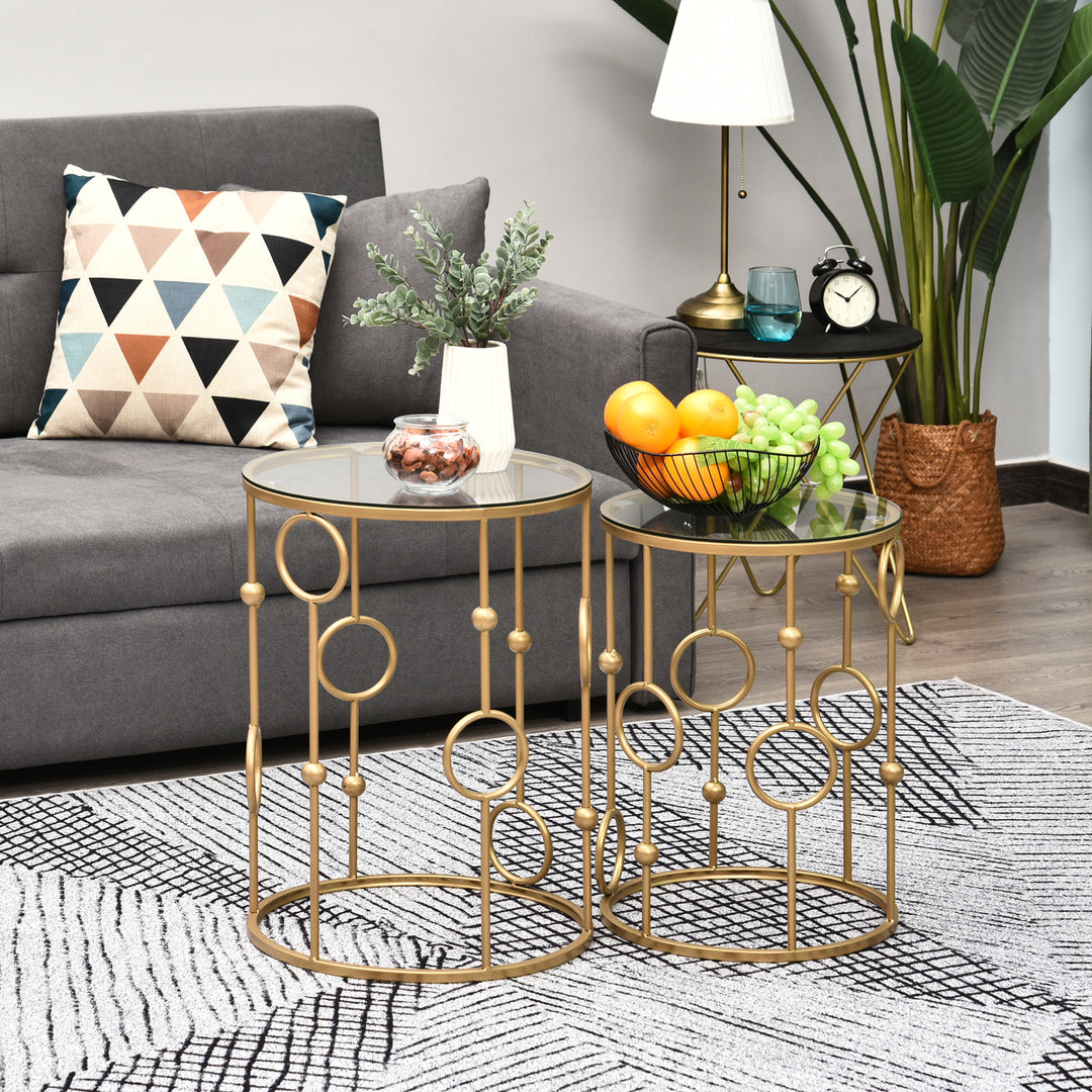 Sæt med 2 sofaborde, sideborde med glasplade, stueborde med dæk- og kugledesign, 41 x 57 cm, guld