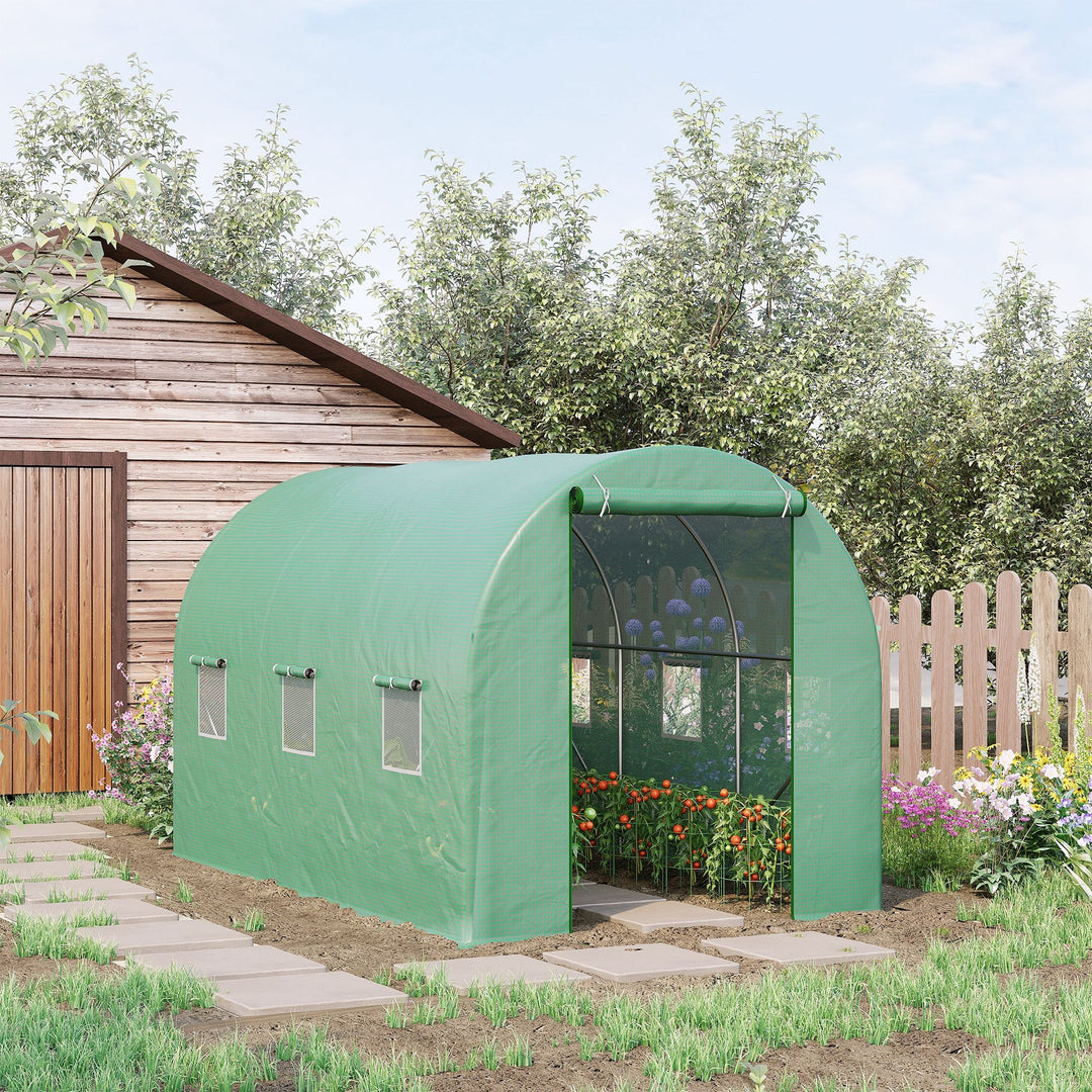 Drivhus 350x200x200cm plastdrivhus til tomathus med dør, 6 vinduer, galvaniseret stålfilmtunnel, pe, stabil drivhusplantetunnel, inklusive jordankre og reb, grøn