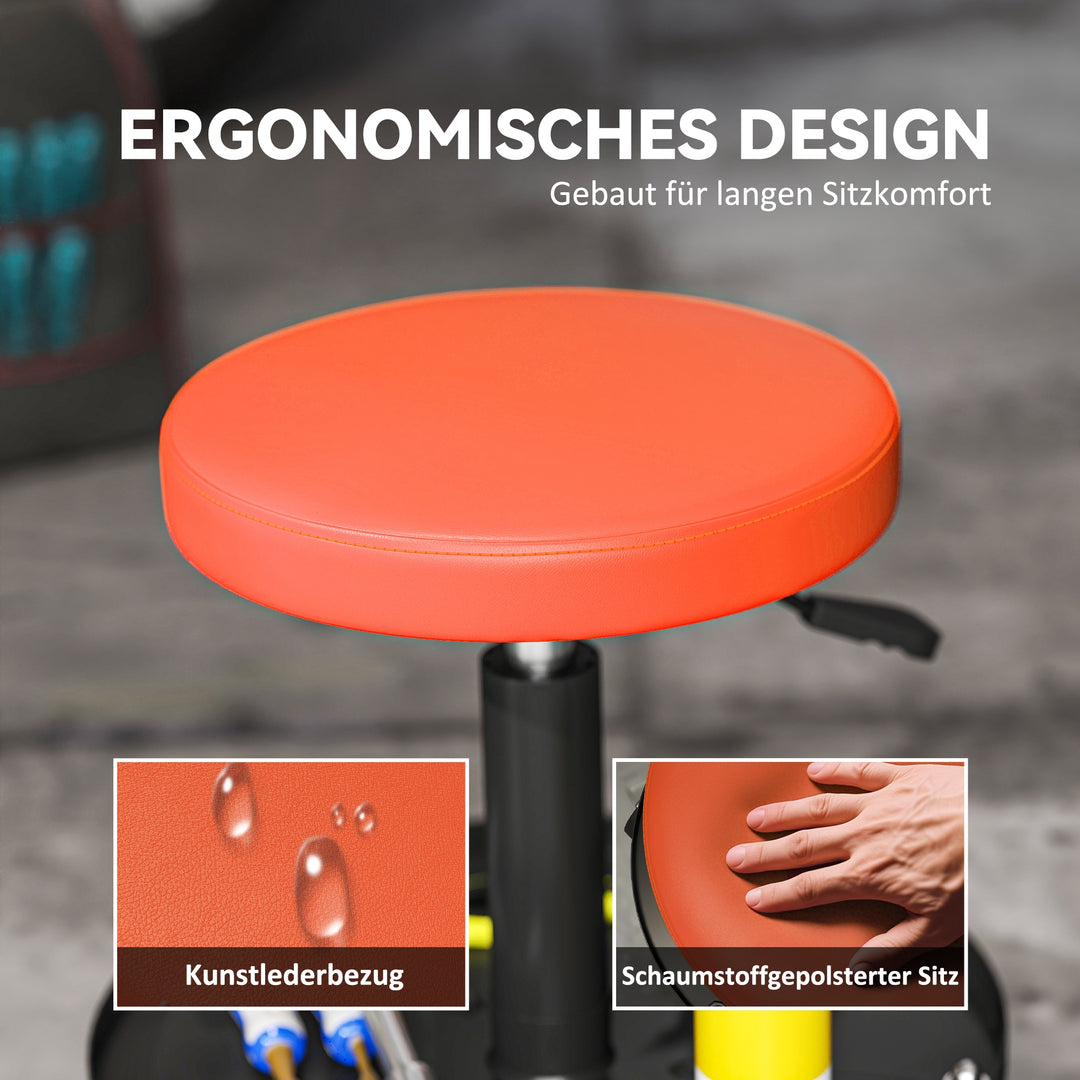 Værkstedsskammel med hjul, højdejusterbar 38-50 cm, maksimal belastning 135 kg, orange