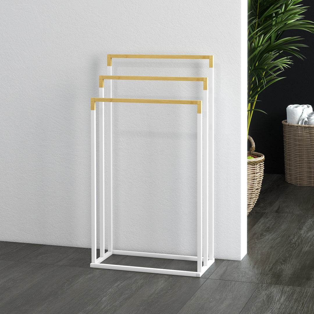 Kleankin håndklædeholder håndklædeholdersæt med 3 håndklædestænger, industrielt design, bambus, 45 x 22,5 x 86 cm, hvid + naturlig