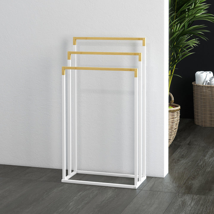 Kleankin håndklædeholder håndklædeholdersæt med 3 håndklædestænger, industrielt design, bambus, 45 x 22,5 x 86 cm, hvid + naturlig
