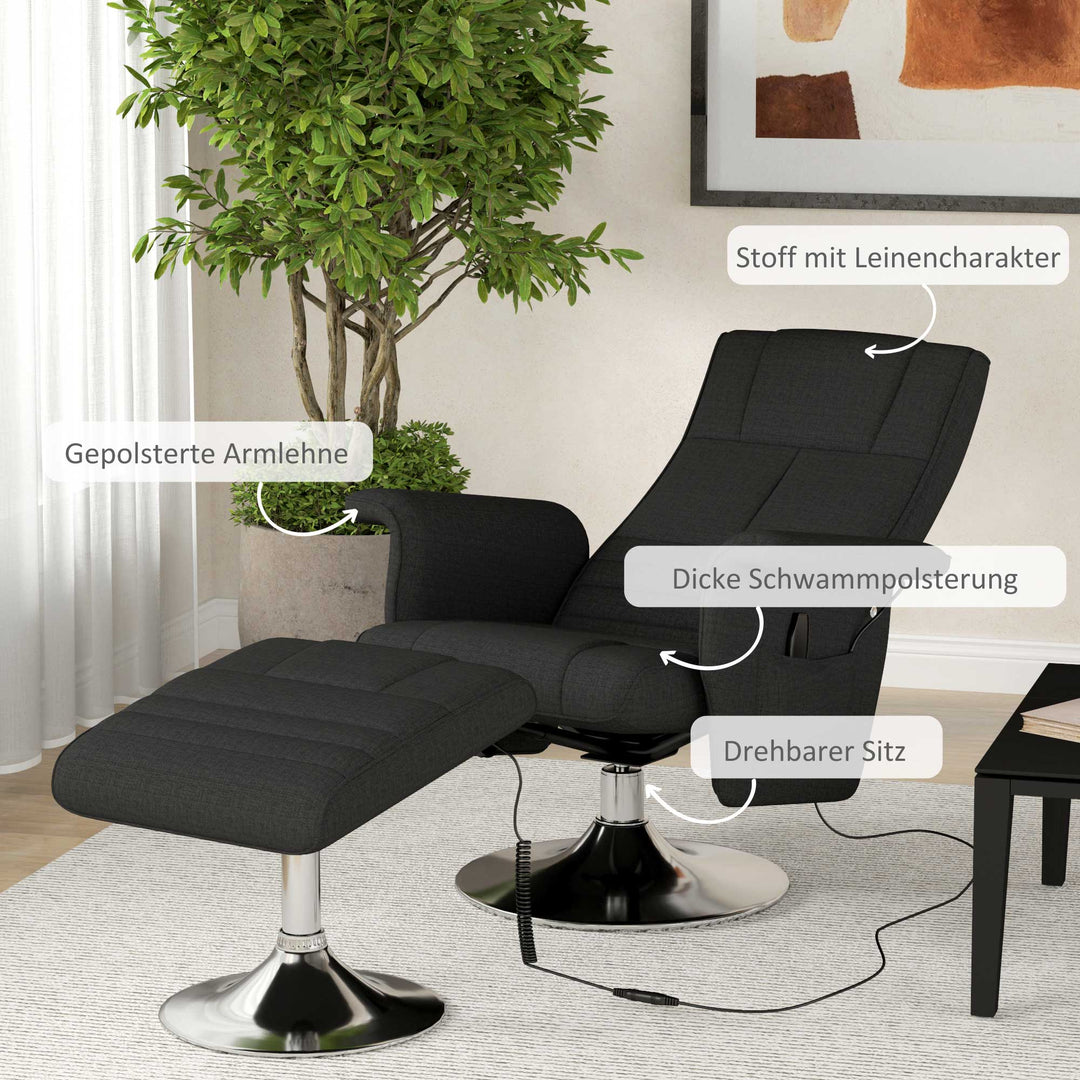 Massagestol med skammel, lænestol, 78 x 95 x 88 cm, sort
