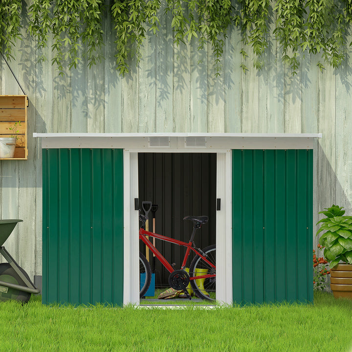 Metal redskabsskur 6,3m³ 280x130x172cm redskabsskur med skydedør, vejrbestandigt havehus, udendørs haveskur, skab til baghave, udendørsområde, antracit, mørkegrøn