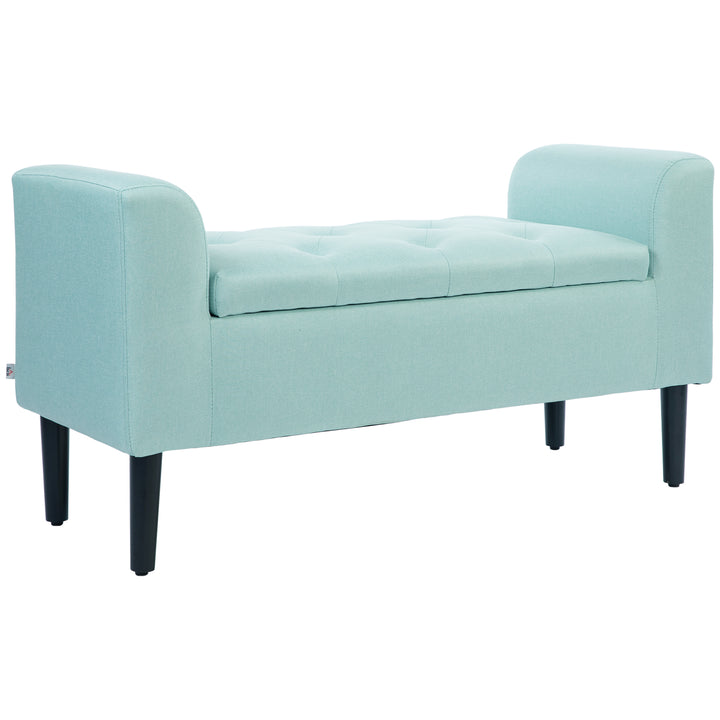 Bænk med opbevaringsplads, polstret bænk, lasteevne op til 130 kg, linnedlook, gummitræ, 116 x 44 x 58 cm, grøn