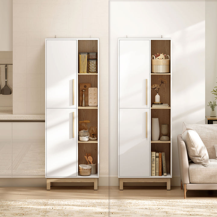 176 cm høj reol, 4 åbne hylder, 2 skabe, fritstående reol, MDF, hvid