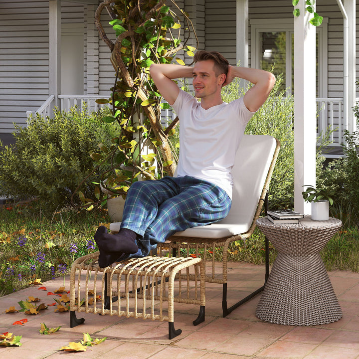 Rattan-afslapningsstol med fodskammel uv-bestandig havestol med hynderemme 65 x 93 x 80 cm naturtræ