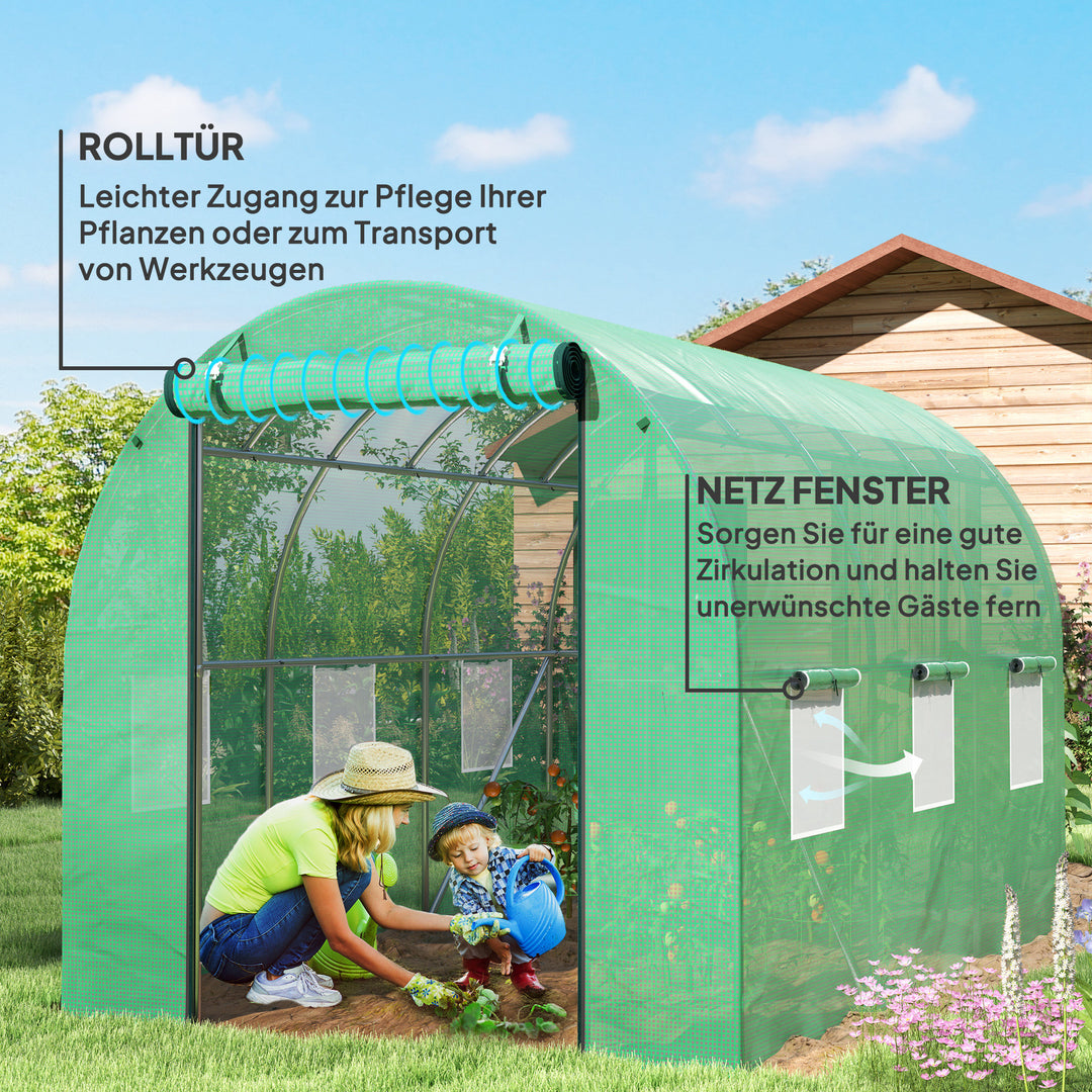 Polytunnel drivhus med plastikdæksel og stålramme, walk-in drivhustelt med rulledøre, grøn