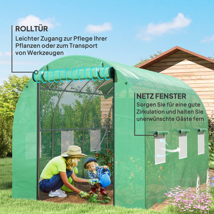 Polytunnel drivhus med plastikdæksel og stålramme, walk-in drivhustelt med rulledøre, grøn
