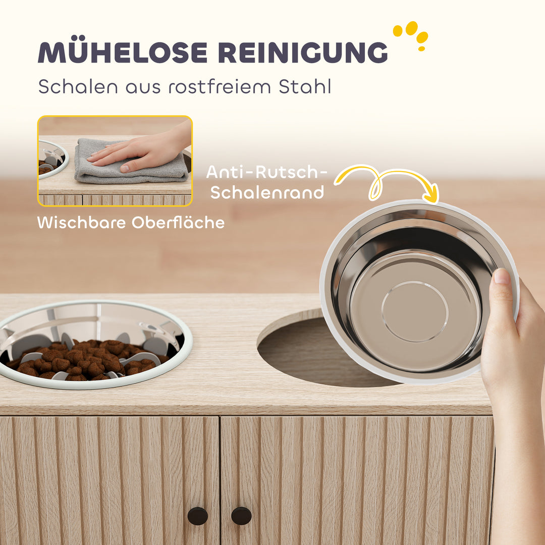 Hundefoderstation med 2 skåle i rustfrit stål, redskabsskab, til store hunde, tilbehør, træ