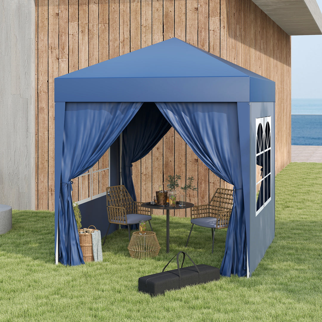 Pop-up-pavillon, øltelt, 4 aftagelige sidevægge, 2 vinduer, metalramme, 2 x 2m, blå