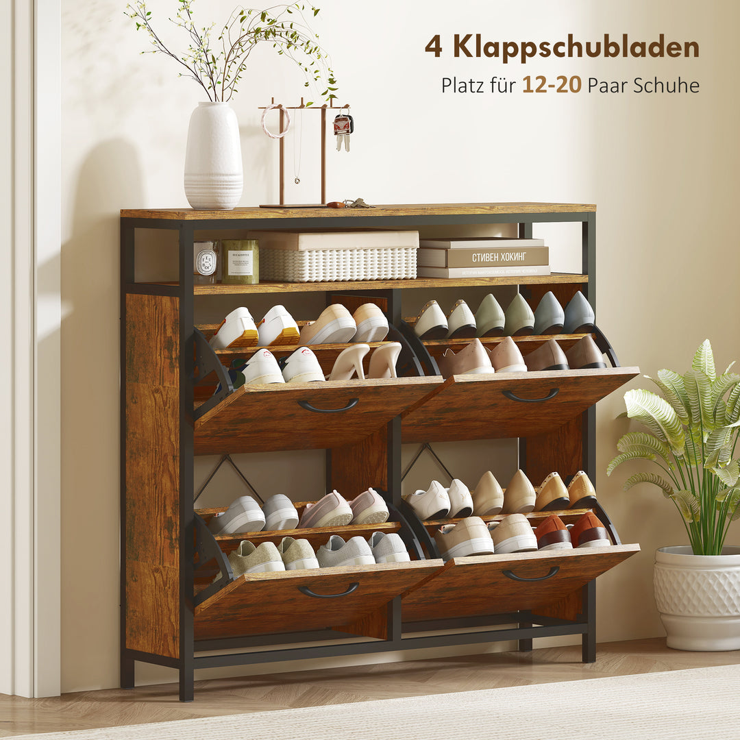 Skoskab med 4 sammenklappelige skuffer, slankt design, åben hylde, til 12-20 par sko, stål, brun