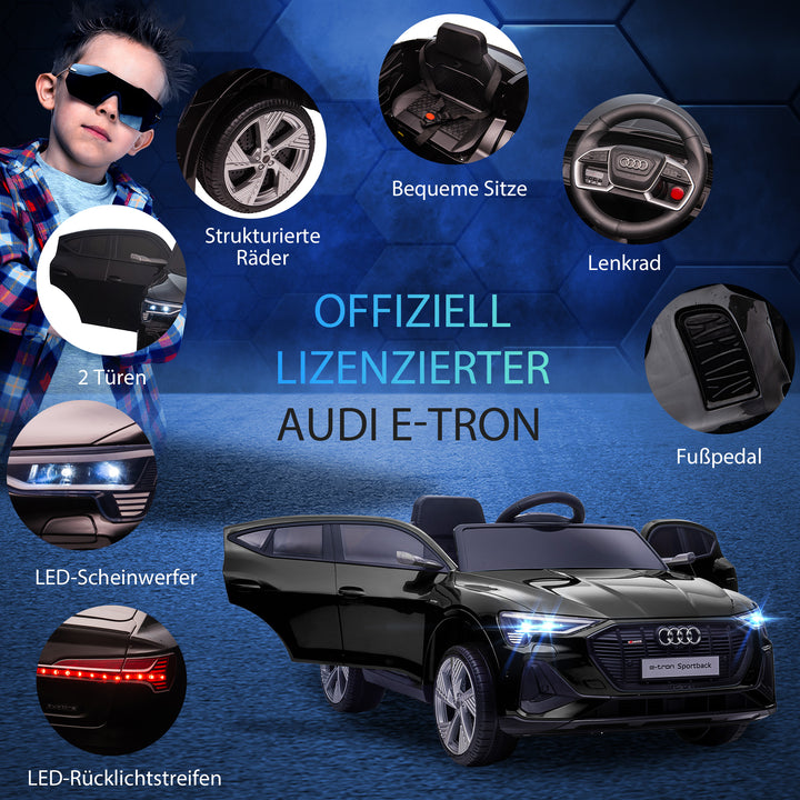 Elektrisk børnebil 12V elbil Audi E-tron elbil med fjernbetjening, sikkerhedssele, musik (MP3/USB/TF), børnebil til børn 3-5 år, 3-5 km/t, sort