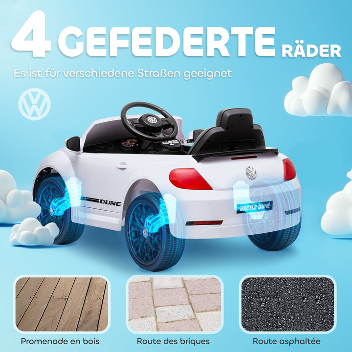 Elektrisk børnebil, vw beetle, 3-5 km/t, med fjernbetjening og musik, hvid