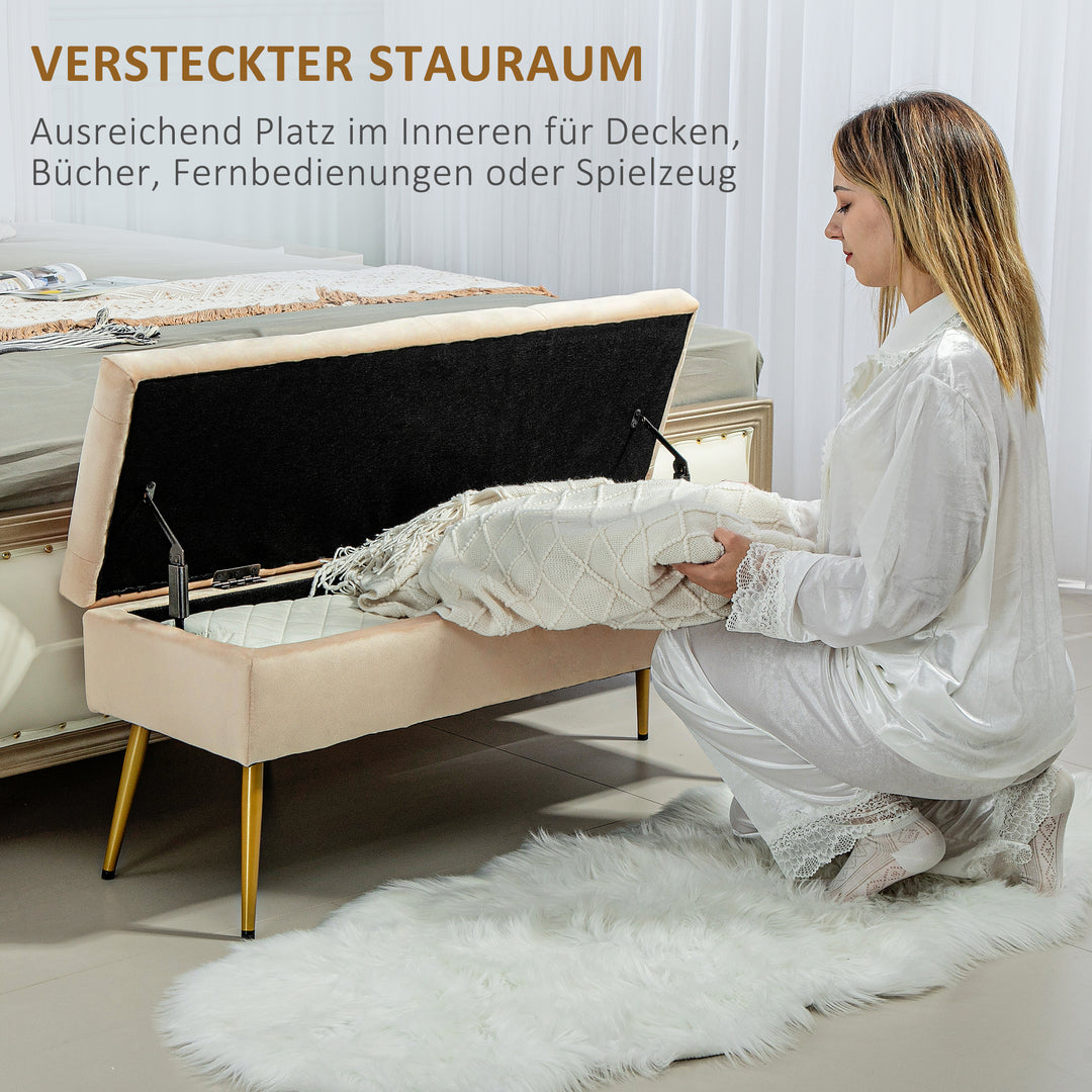 Fløjlsbænk med opbevaring, polstret fodskammel og tuftet design, metalstel, 102 x 35 x 43 cm, beige