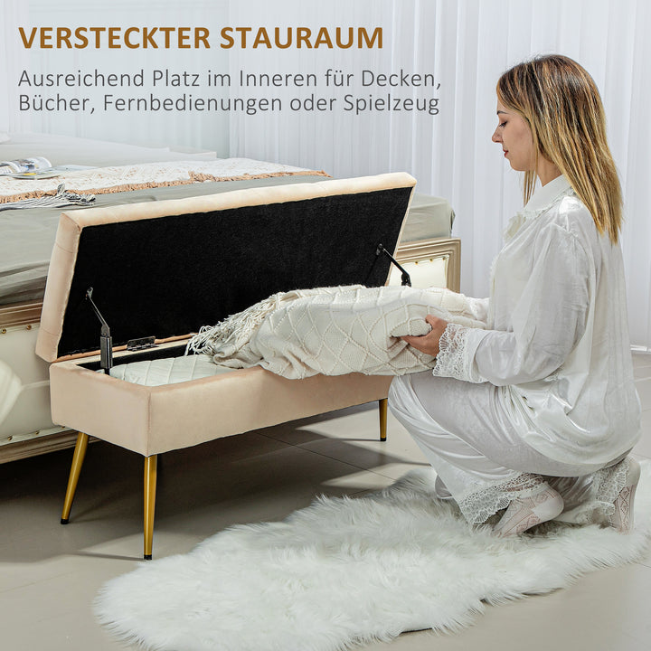 Fløjlsbænk med opbevaring, polstret fodskammel og tuftet design, metalstel, 102 x 35 x 43 cm, beige