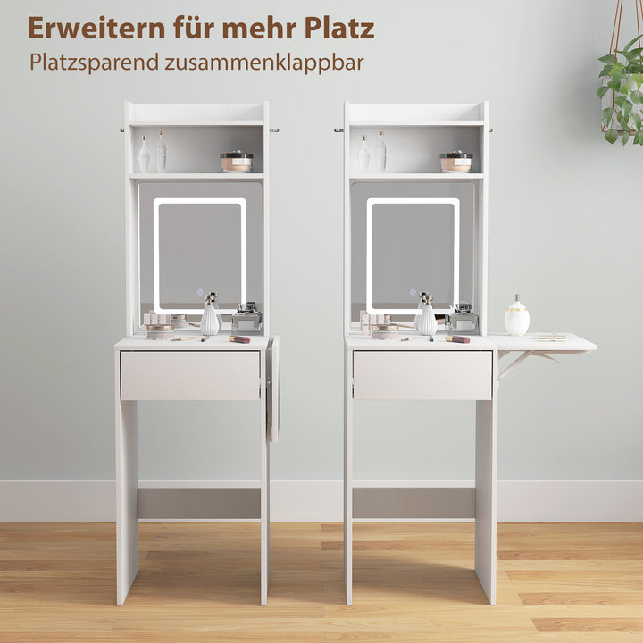Kompakt sminkebord med spejl og led-belysning, sammenklappelig bordplade, åbne hylder, skuffe, mdf, hvid
