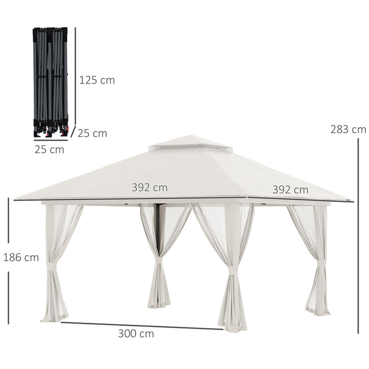 Foldbar pavillon, højdejusterbar, 4 netvægge, ventileret tag, bæretaske, hurtig montering, 4 x 4 x 3 m, cremehvid