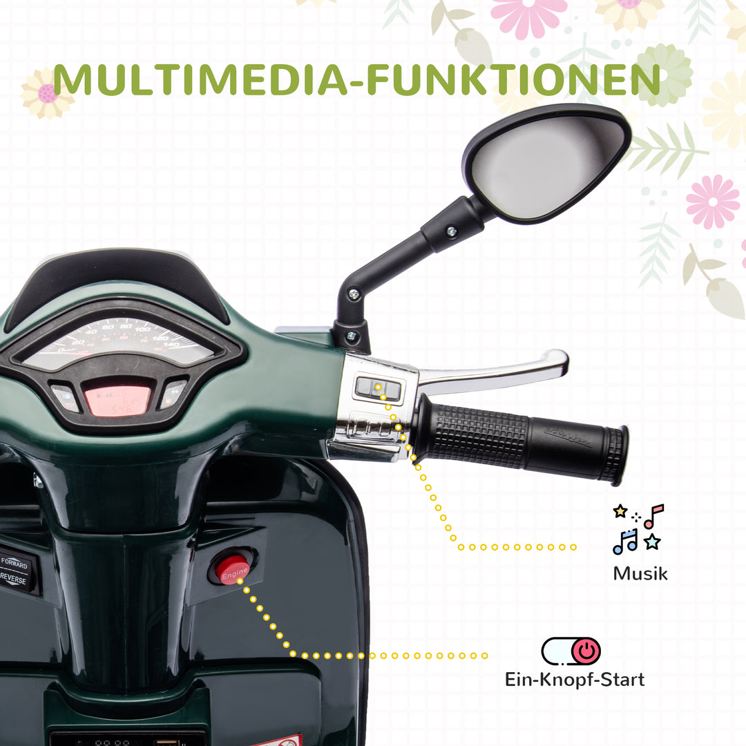 Elektrisk børnemotorcykel, vespa, 3 km/t, 3-6 år, musik, lys og radio, mørkegrøn